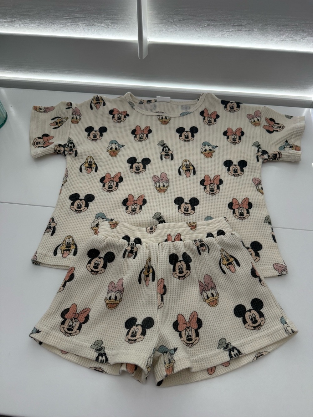 Dream + Co Disney Character Waffle Knit Short Set - Cream with Black & Pink